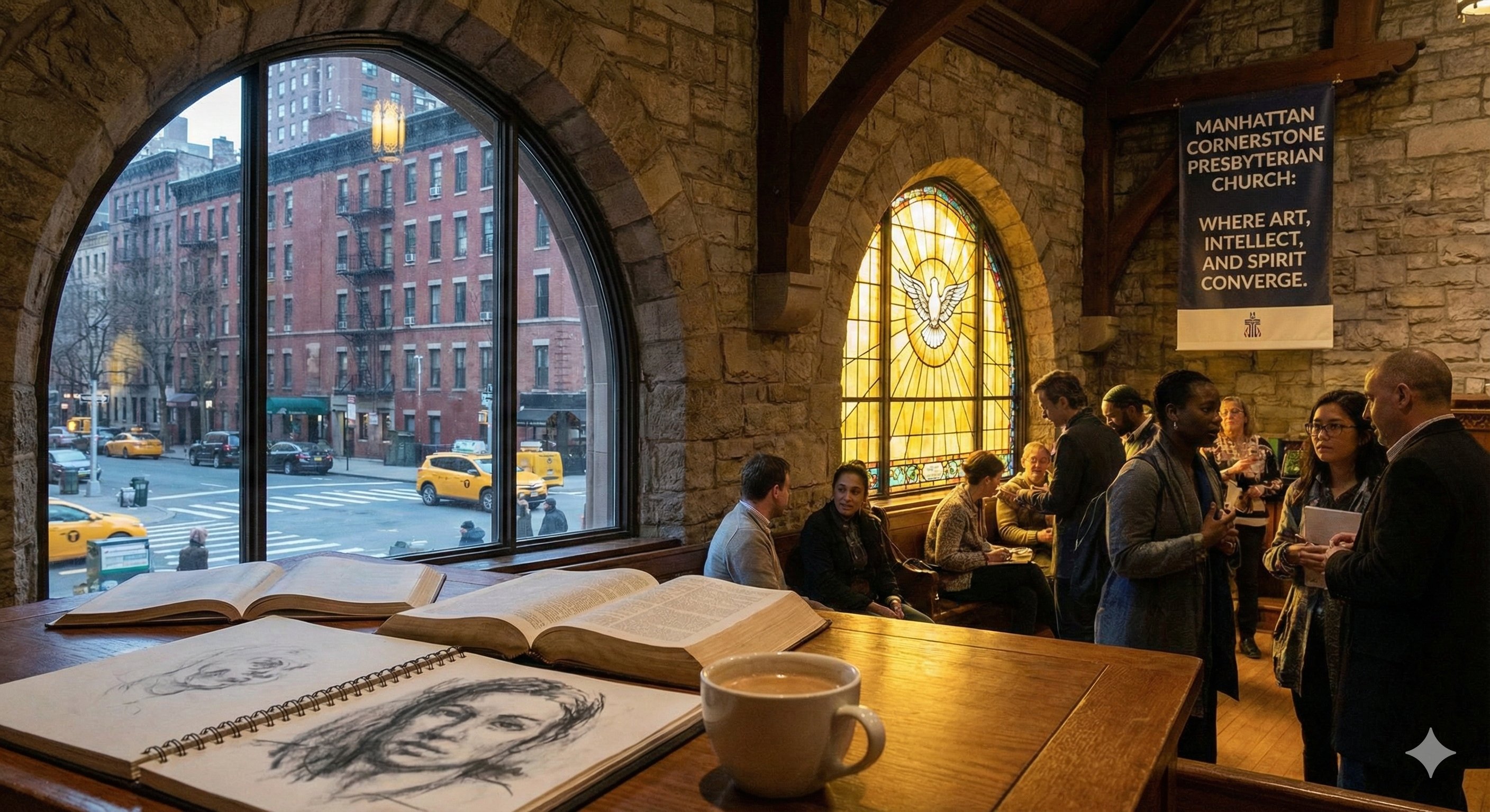 Church community gathered beneath a radiant Holy Spirit window in SoHo